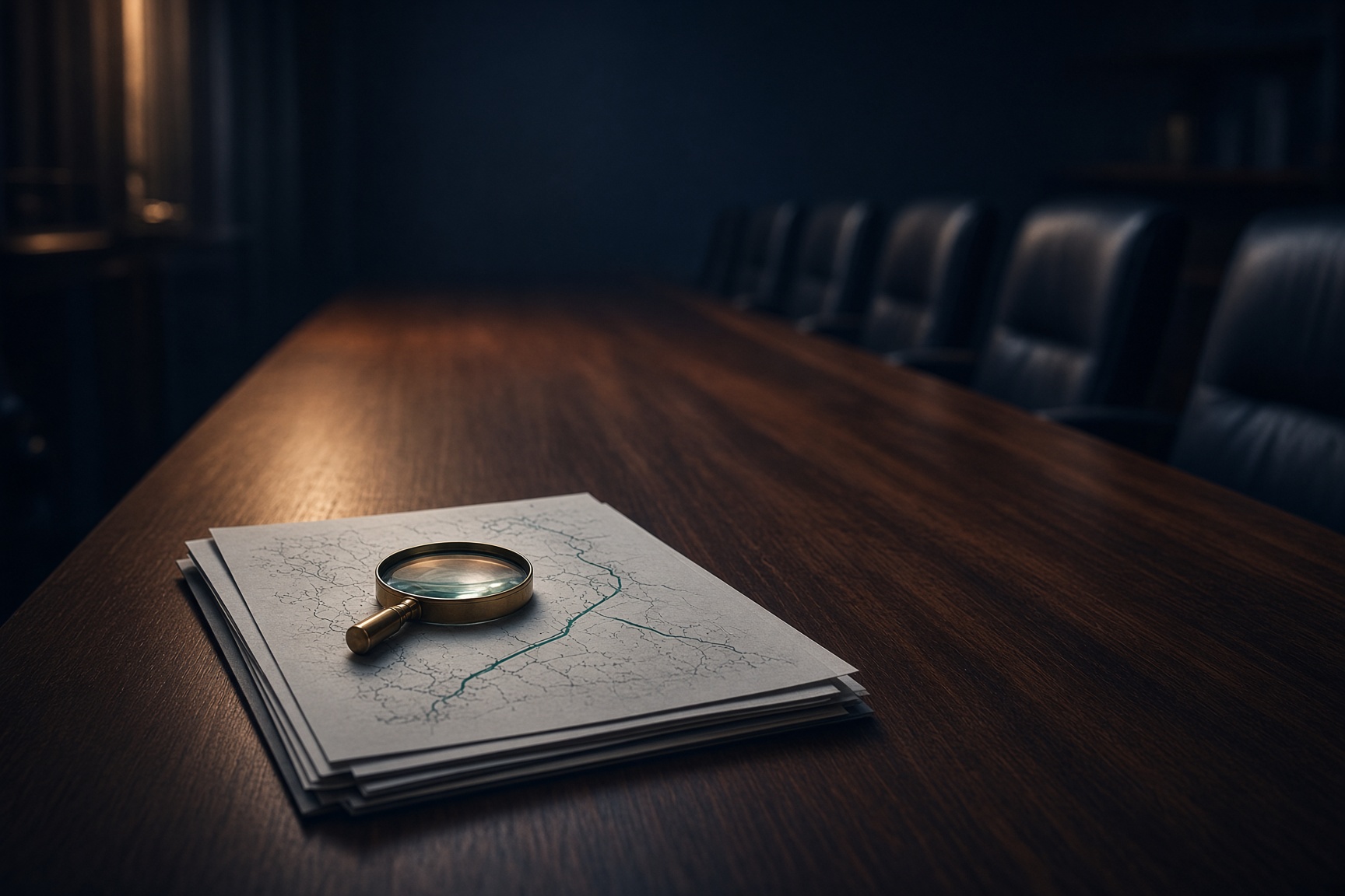 Evidence dossier on a boardroom table - a brass loupe highlighting a viable AI roadmap pathway