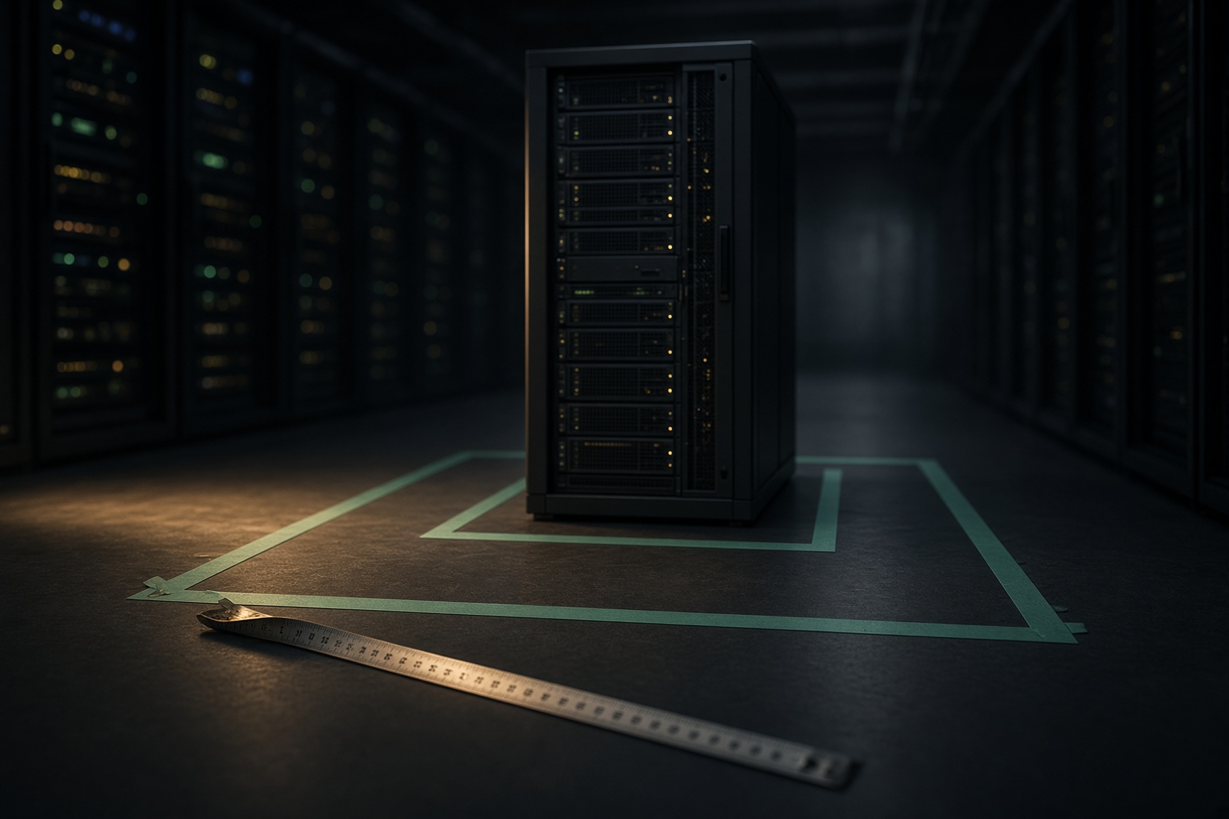 GPU server rack inside taped floor outlines in a data center - sizing the configuration to the measured real workload instead of an oversized vendor reference